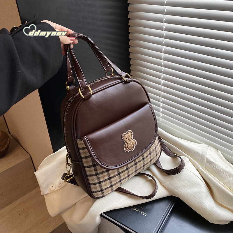Trendy Simple Backpack Women's Handbag Single Shoulder Crossbody Bag Versatile Texture Personality Bear Embroidery ddmynov