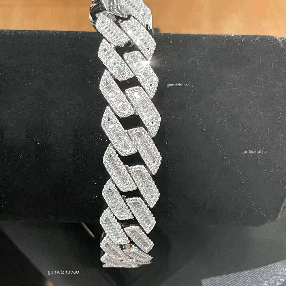 Factory Custom Heavy Big Hip Hop Rapper 12mm 14mm 15mm 18mm Vvs Moissanite Baguette Dia Cuban Link Chain Bracelet Sier