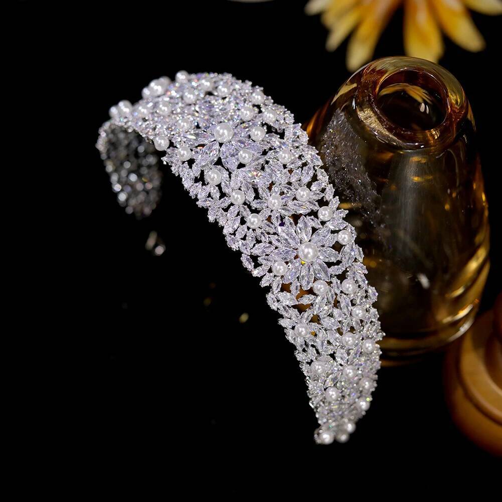 Bridal Pearl Headbands Female Glamour Crystal Tiara Wedding Flower Crown Hair Accessories Diadema Dress Jewelry
