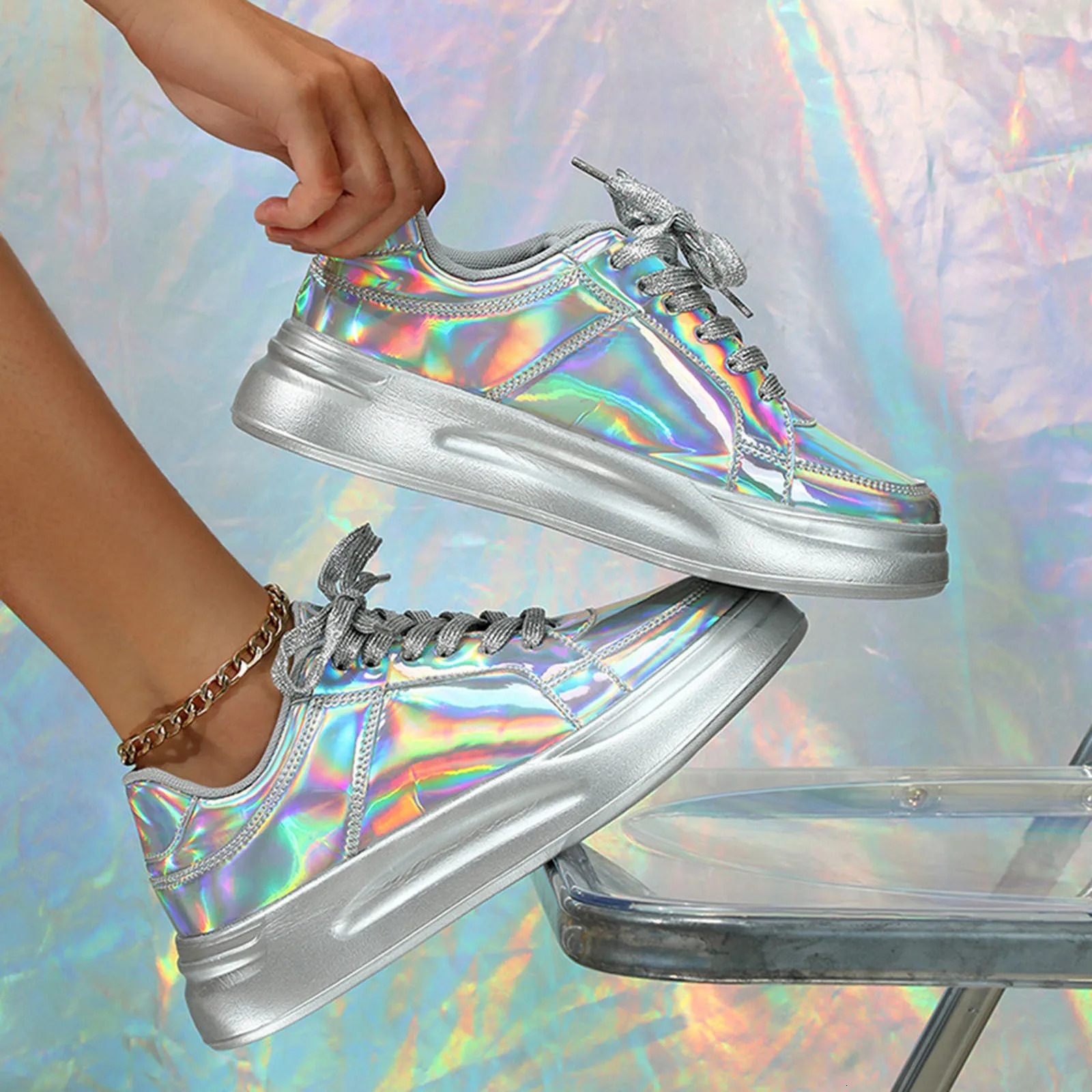 Women Casual Shoes Fashion Breathable Walking Sneakers Couples Fashion Thick Soled Sequins Lace Up Heightening Casual Tenis 250610