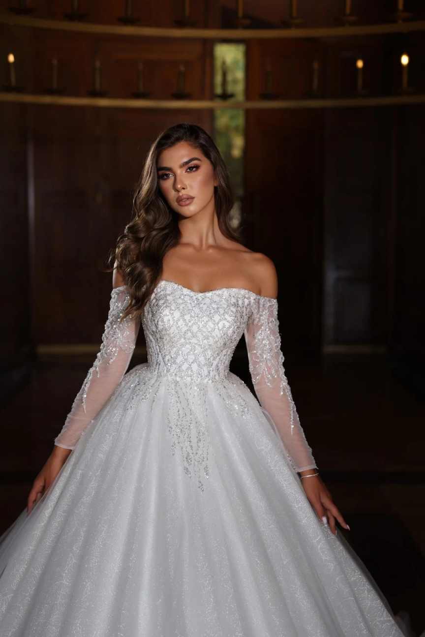 Sparkly A Line Women Wedding Dress Off Shoulder Long Sleeves Bridal Gowns Sequins Appliques Sweep Train Dress Custom Made vestidos de novia