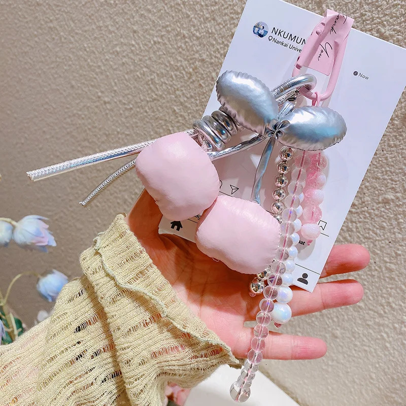 Fashion Silver Pink Cherry Stuffed Fruit Keychain Kawaii PU Leather Solid Color Beaded Braided Rope Charm Bag Car Pendant Keyfob 250610