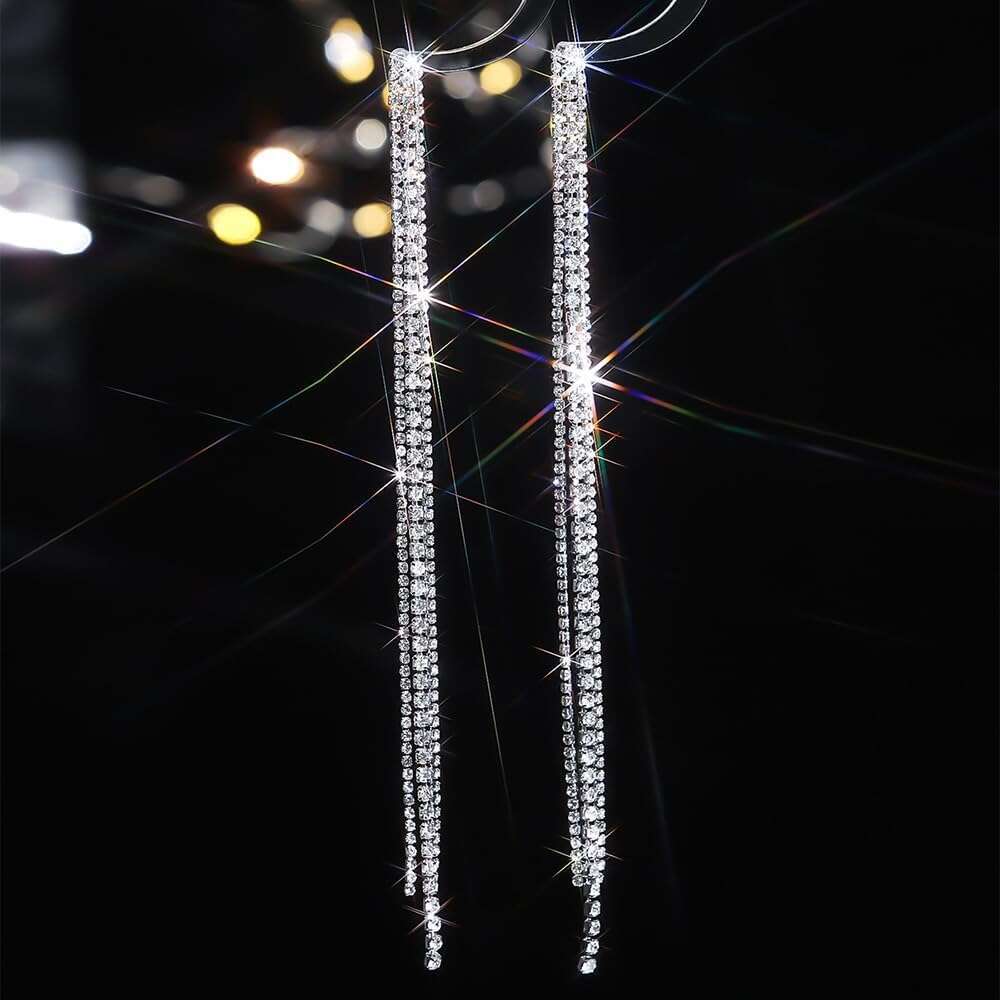 Long Tassel Crystal Chandelier Dangle Drop Wedding Party Prom Earrings Jewelry for Women Gifts