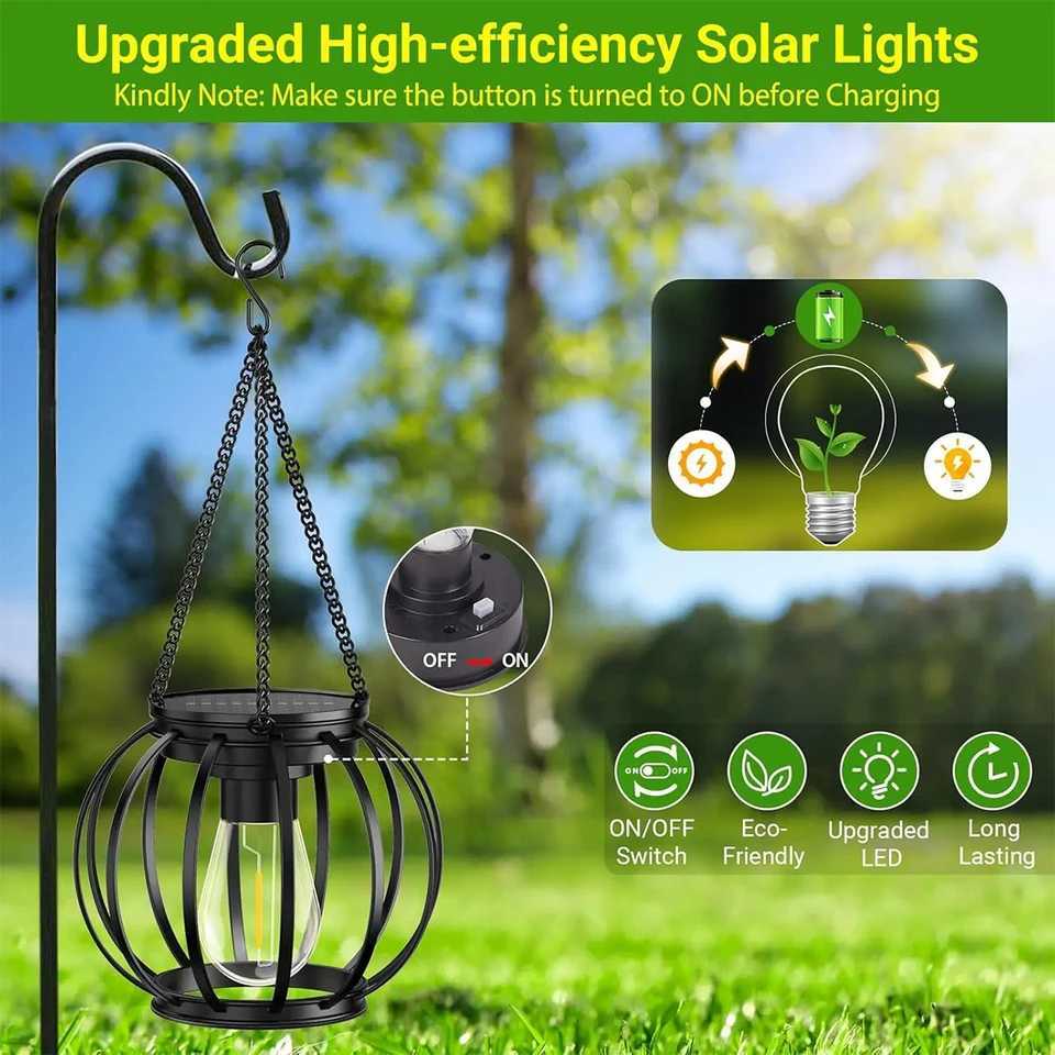 Solar Lantern LED Light 3000k Garden Lamps Auto On/off Sensor Lights Outdoor Waterproof Patio Yard Decoration Hanging W250613
