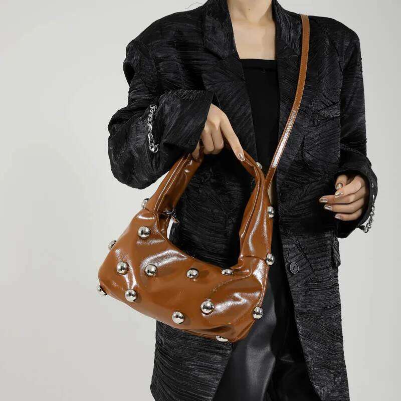 Black Half Moon Underarm Bag For Women Studded Beading Handbags Red Purse Solid Color Pu Leather Shoulder Crossbody Bags