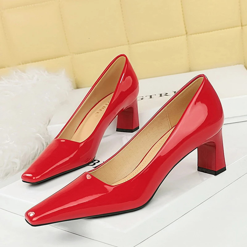 BIGTREE 2025 Spring Fashion Patent Leather Womens Pumps Square Heel Pointed Toe Party Stripper Sngle Ladies Shoes 250613