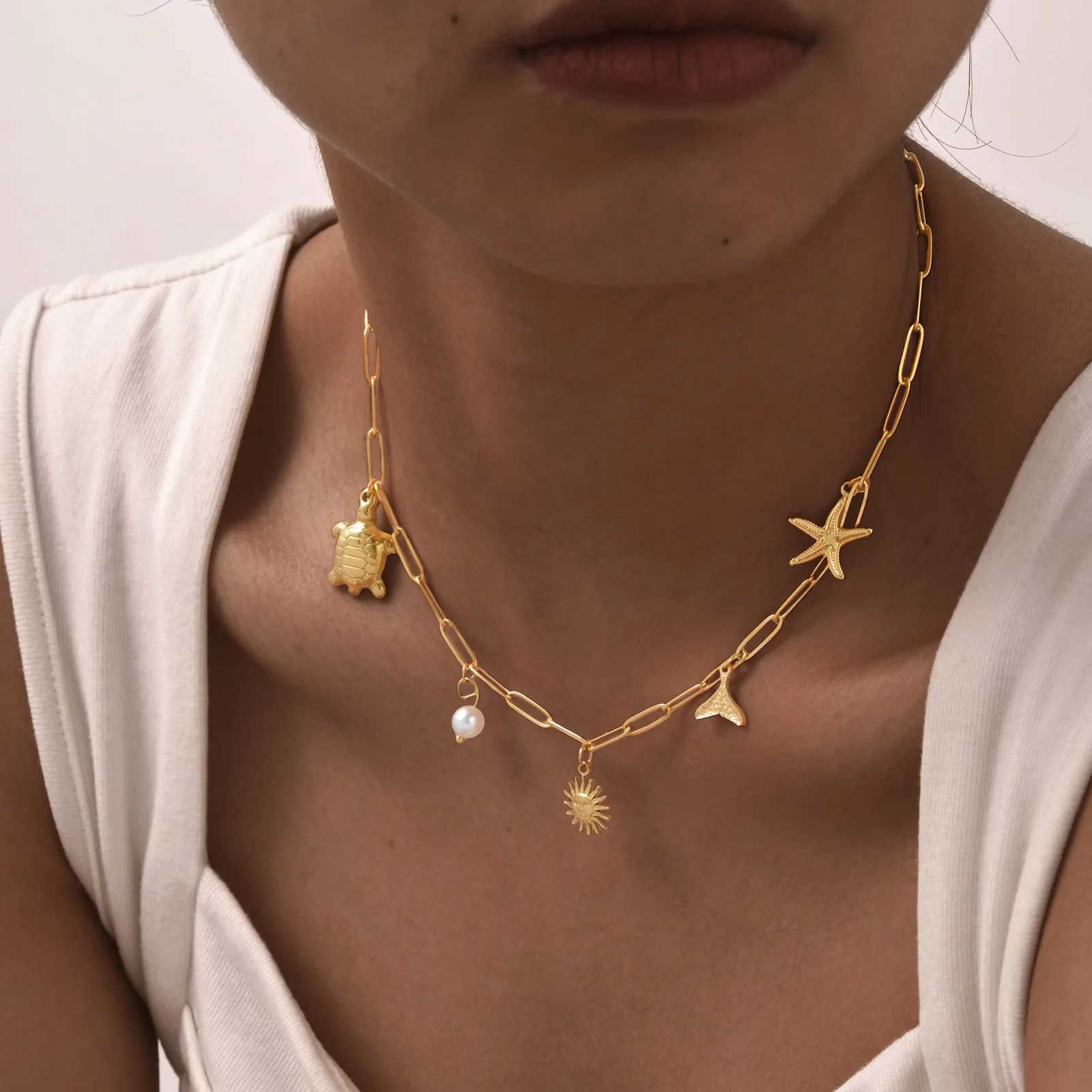 Charms Necklace for Women 18k Gold Plated Pearl Shell Conch Starfish Summer Beach Necklace Stainless Steel Waterproof Jewelry Z250614