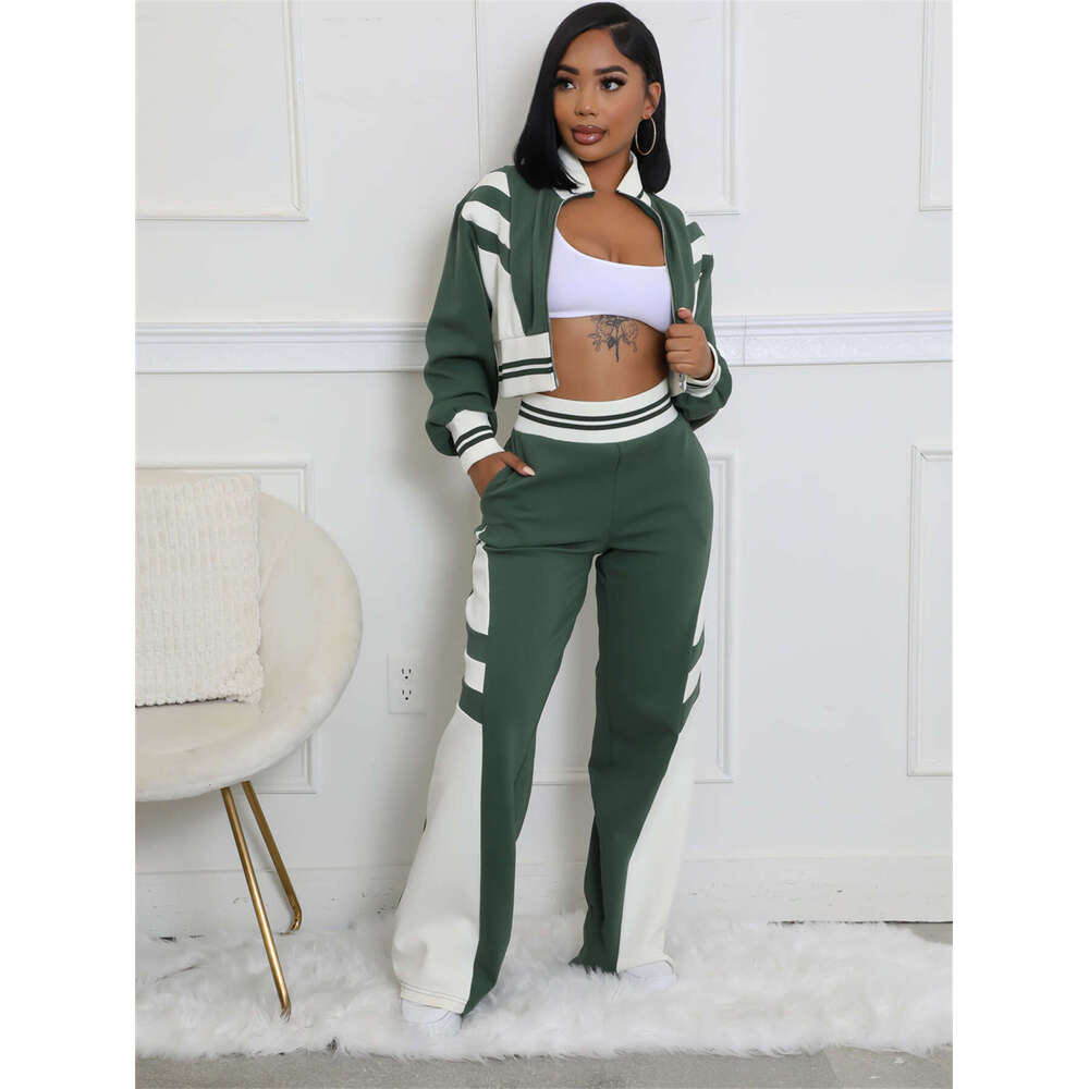 Autumn New Fashion Trend Color-Block Casual Sports Long Sleeve Jacket Top And Pants Set B5