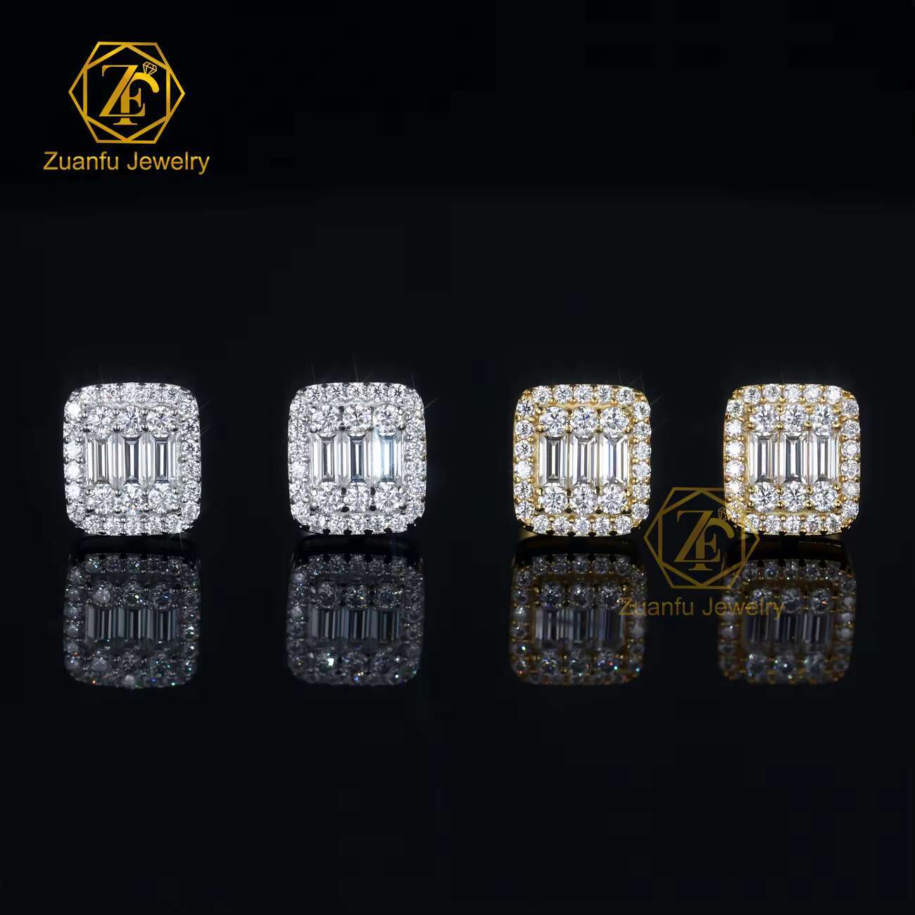 Online Store Hot Sale Warehouse Price 925 Sterling Silver VVS Baguette Moissanite Diamond Hiphop Push Back Stud Earrings