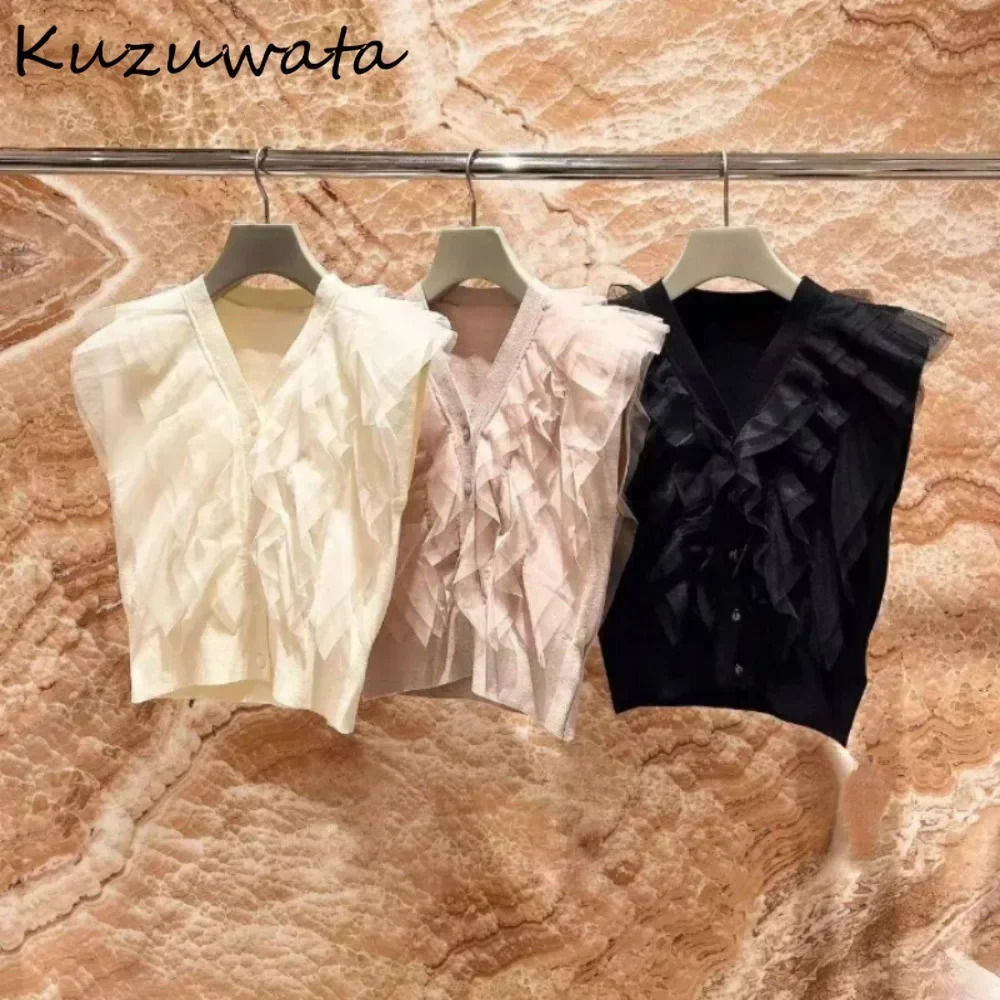 Kuzuwata Sweet V Neck Sleeveless Patchwork Jumper Knit Voile Single Breasted Allmatch Cardigan Japanese Fresh Ruffles Sweaters 250612