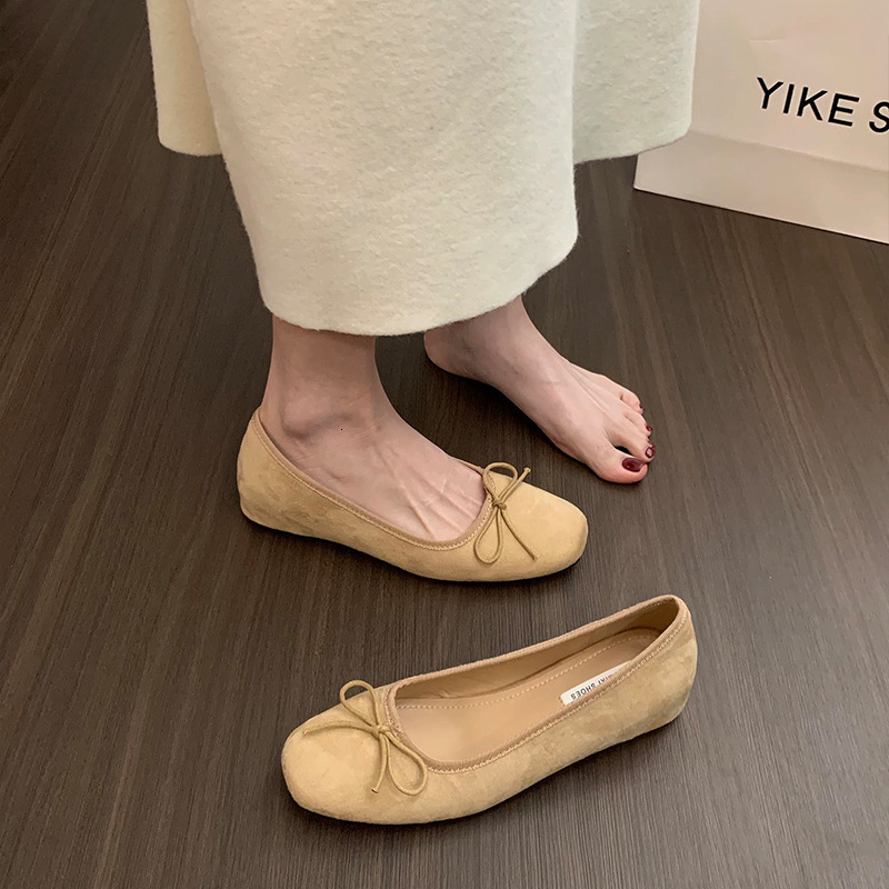 Ddmyoutdoor French Style Hidden Wedge Suede Ballet Flats For Women New Spring And Autumn Red Bow Evening Shoes Outdoor Shoes