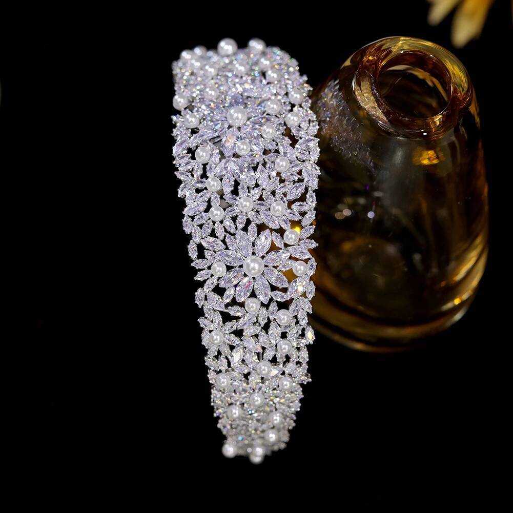 Bridal Pearl Headbands Female Glamour Crystal Tiara Wedding Flower Crown Hair Accessories Diadema Dress Jewelry