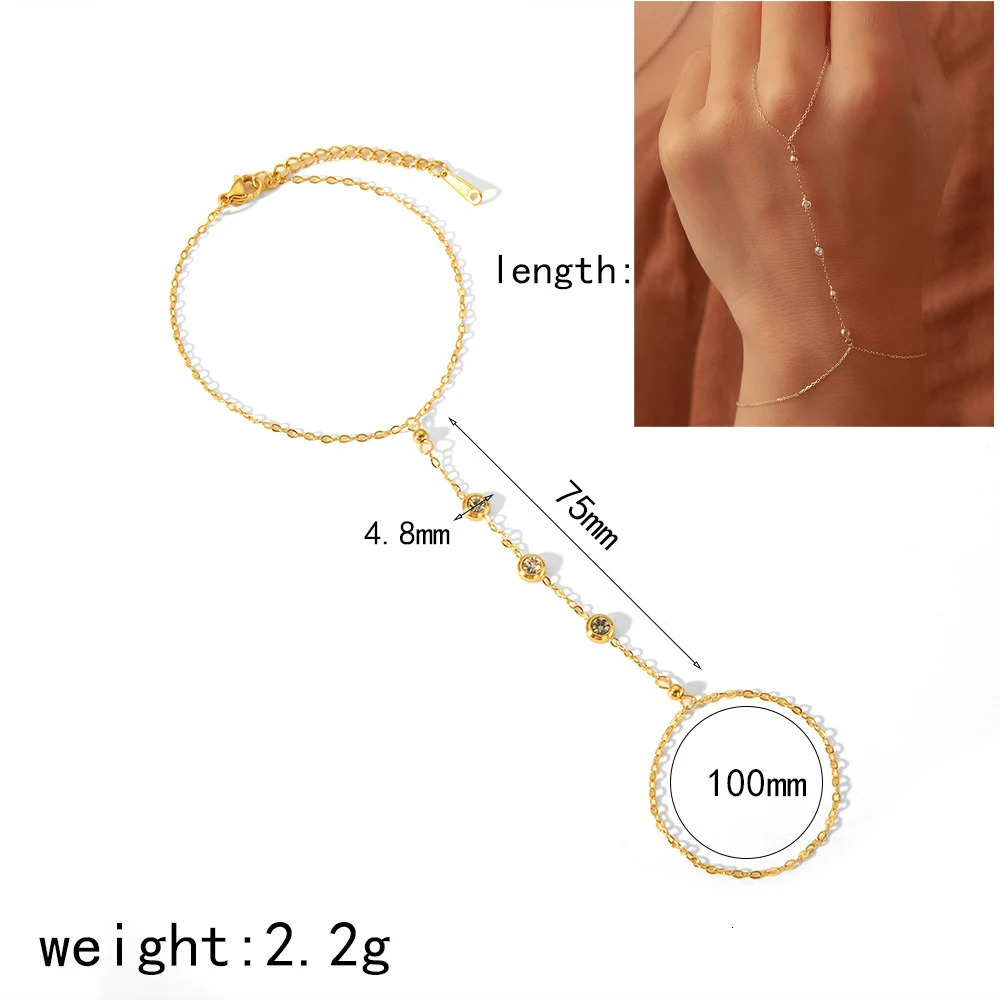 14K Yellow Gold Plated Stainless Steel Hand Chains Bracelet for Women Dainty Cubic Zirconia Bracelet and Ring Chain Body Jewelry 250610