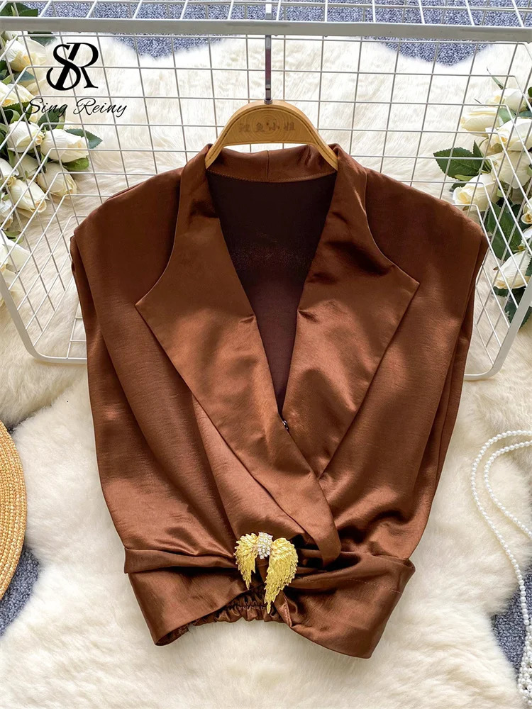 SINGREINY Satin Suit Vest 2025 Women V Neck SLeeveless Solid Elastic Short Blouse Serpentine Work Casual Tank Top 250609