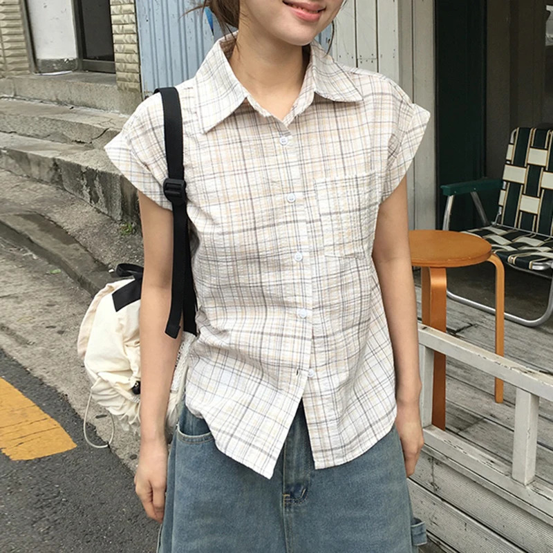 Rockmoer Korean Style Striped Plaid Slim Blouses Y2K Aesthetic Vintage Buttons Up Shirts Women Summer Casual Short Sleeve Tops 250614