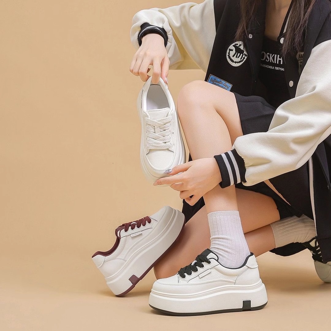 Ddmysports New Thick Soled White For Women Spring Versatile Sports Casual Shoes Height Increasing Lace Up Lightweight Sneakers Outdoor Shoes