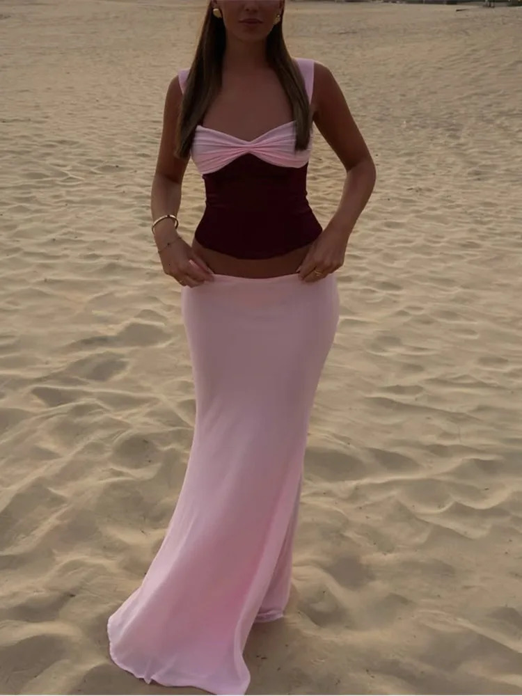 Mozision Sexy Skirt Two Piece Sets Women Halter Laceup Cropped Tops And Maxi Ladies Fashion Sleeveless 2 Sets 250611