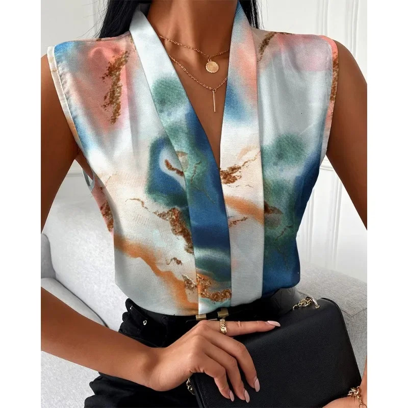 Womens Office Shirts Summer Lady Sleeveless Vneck Print Elegant Women Blouse Top Streetwear Female Clothing 250614