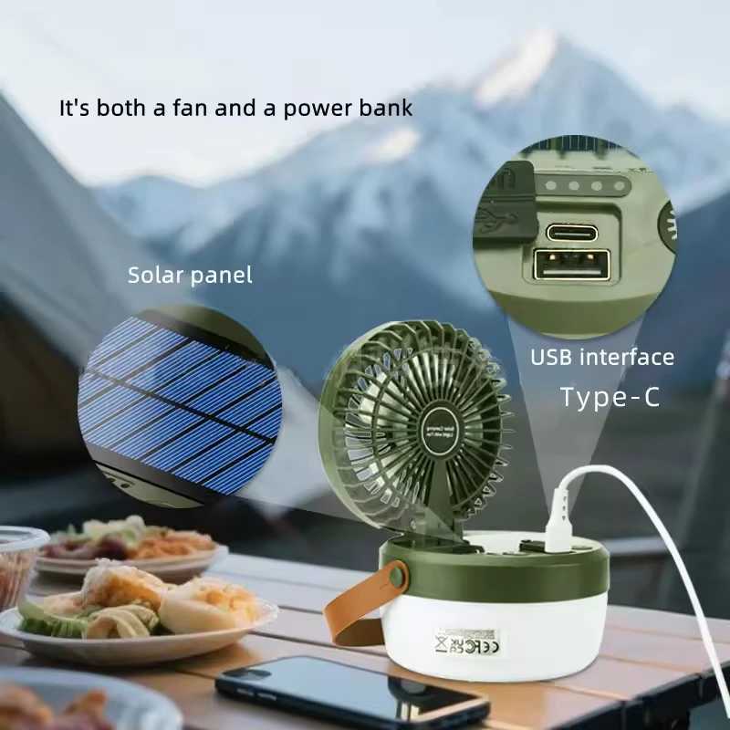 Outdoor Solar Fan Lantern Camping Lights 2-in-1 with 4 Light Modes Hanging for Power Failure Emergency Survival Travel Adventure W250613