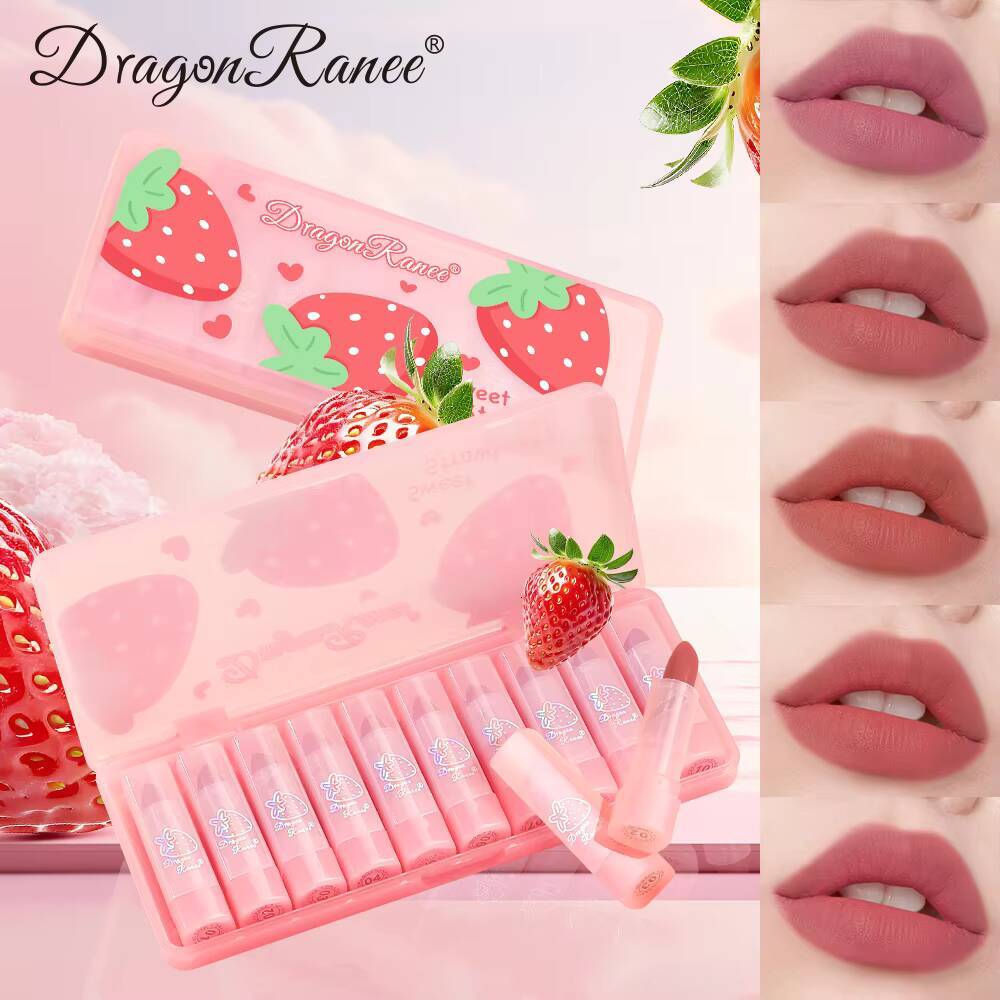 Dragon Ranee Matte Velvet Pink Strawberry Translucent 10 Pieces Waterproof Sweatproof Non-Stick Lipstick Set happy