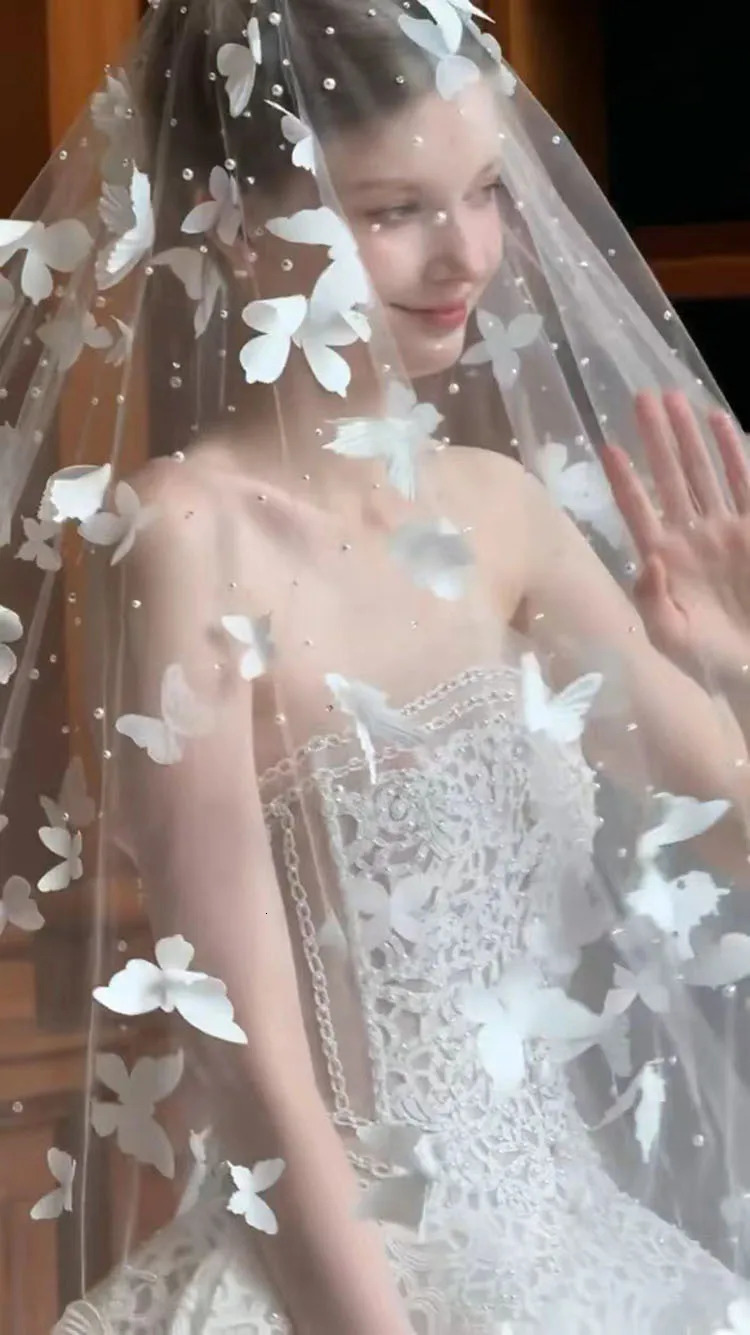 Romantic Butterfly Pearl Beaded Wedding Veil without Comb One Layer Long Cathedral Bridal Veil Marriage Accessories 250603