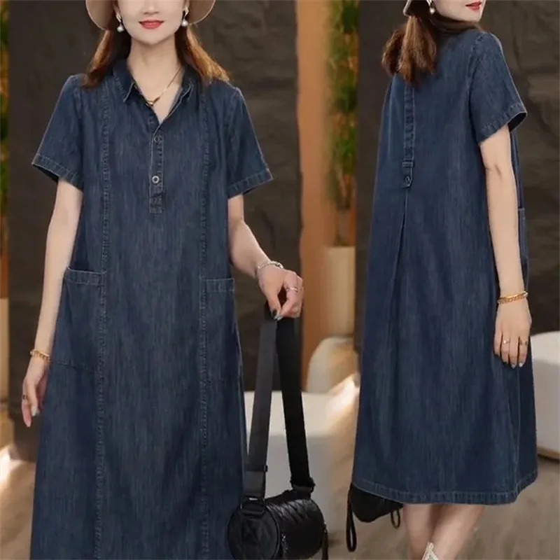 Short sleeved Shirt Denim Dress for women 2025 Summer Korean version Loose with pockets Casual Thin Denim Dress Female 250609