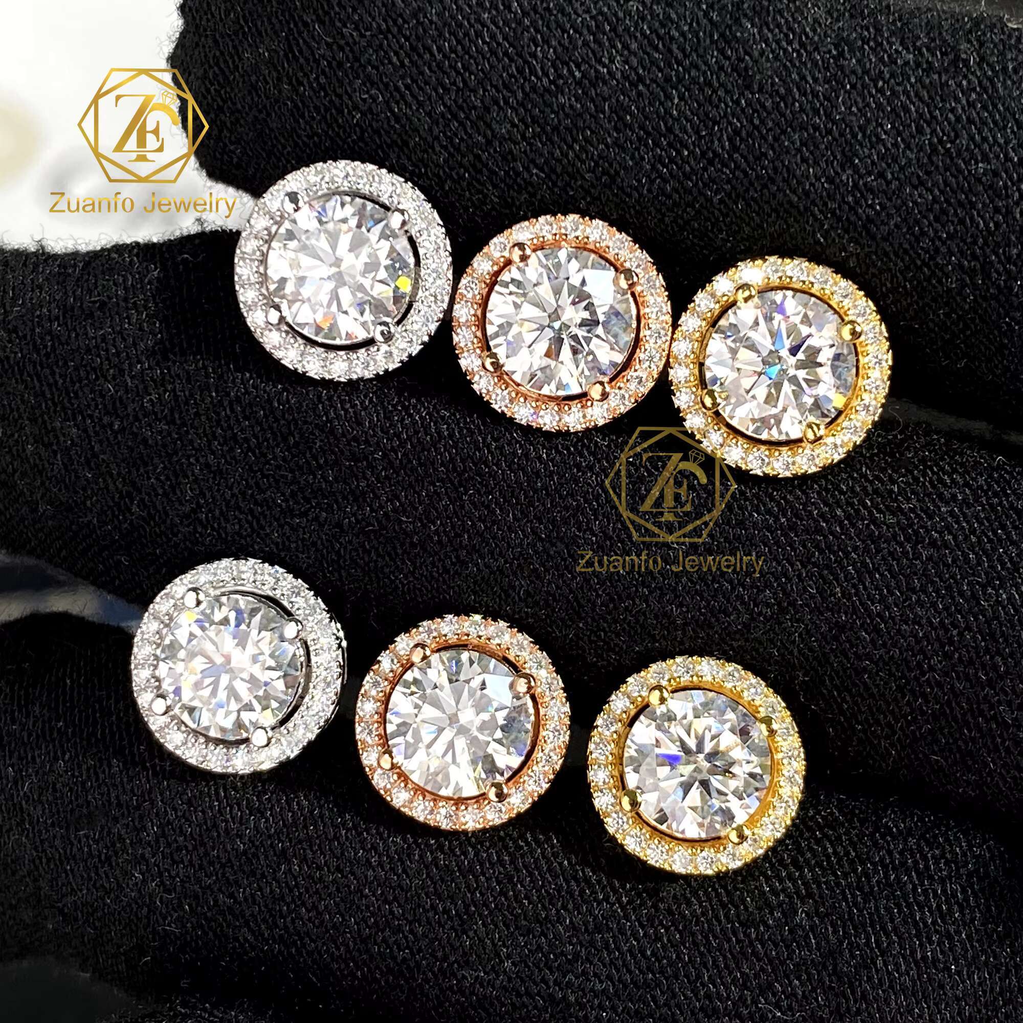 Newest Luxury Gold Plated Halo Trendy Wedding 925 Sterling Silver Wholesale Halo Moissanite Earrings with VVS Diamond Classic
