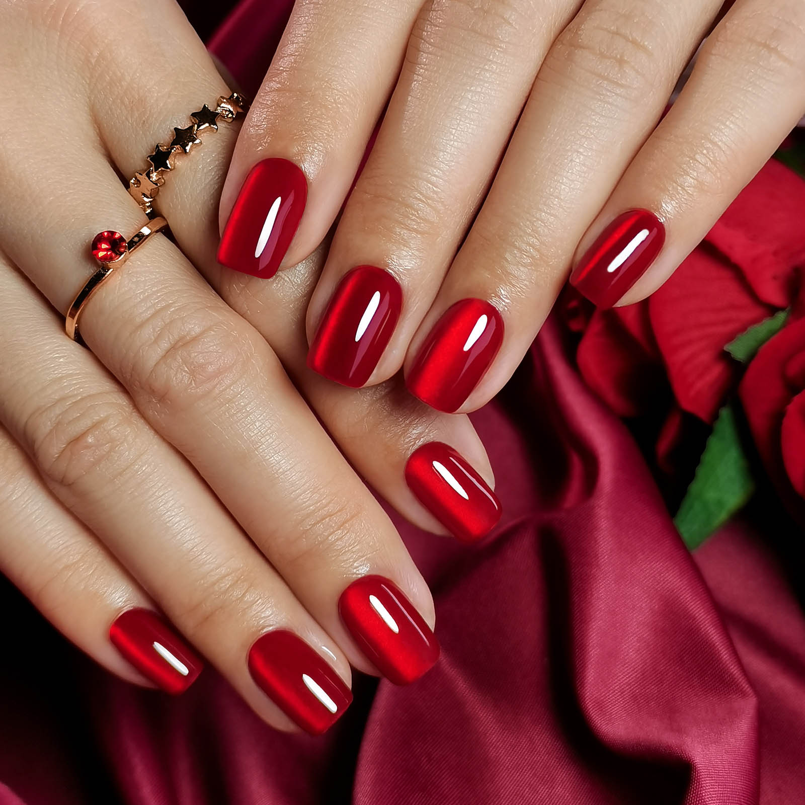 Elegant Squared Edge Red Cats-eye Artificial Finger Extensions | Long-wearing Gel-Like Stick-On Claws with Professional Strength Bond Variety Pack Siz