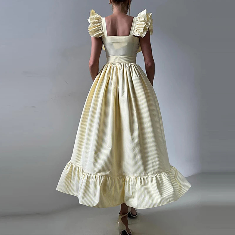 French Summer Striped Print Boho Dress Casual High Waist Flying Sleeve Women Dress Trendy Suspender Backless Vacation Long Dress 250613