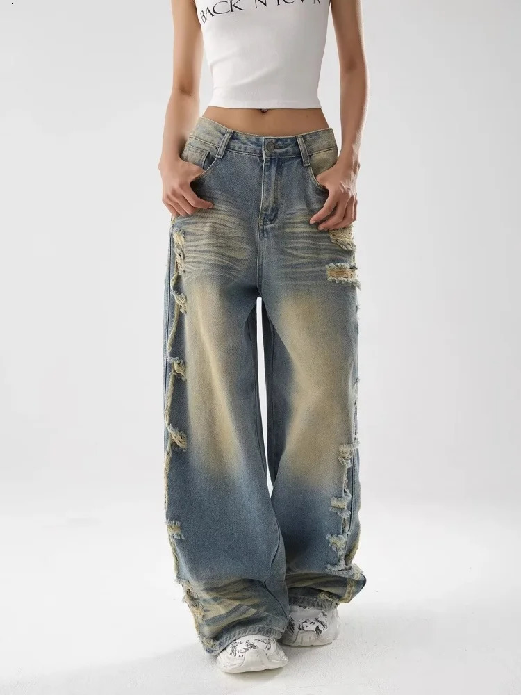 Y2K Clothing Grunge Distressed Blue Baggy Ripped Stacked Jeans Pants For Women 90s Vintage Clothes Wide Leg Lady Denim Trousers 250612