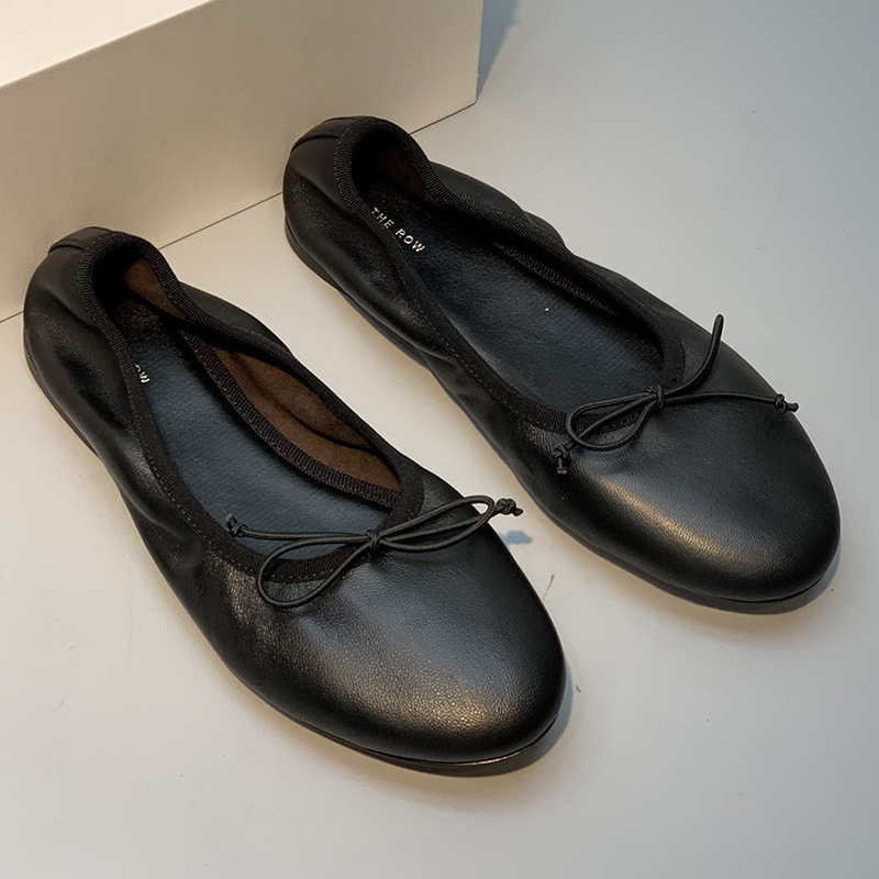 Ddmysheep Ddmysheep Autumn Winter Row Elastic Flat Ballet For Women Genuine Leather Round Toe Versatile Comfortable Bowknot Slip On Grandma Shoes