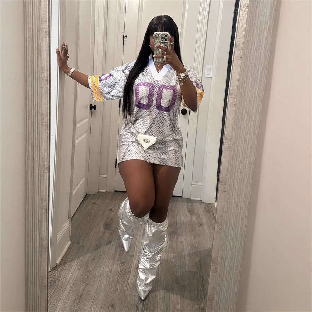 (No Returns Or Exchanges) New V-Neck Printed Sports Jersey Style Loose Casual Dress B5