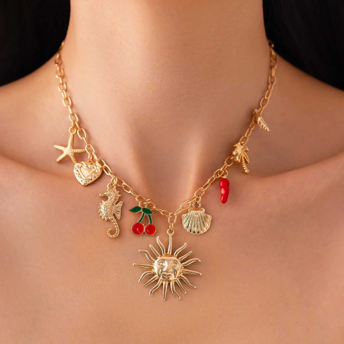 SHIXIN Classic Starfish Coconut Tree Conch Sun Pendant Necklace for Women Gold Color Chain Choker Summer Beach Neck Jewelry Gift Z250614