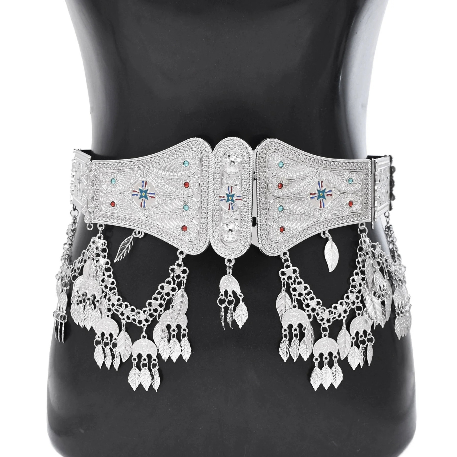 Silvery Assyrian Belt Hair Accessories for Women Kurdish Hollow Ethnic Waist Belly Chain Colorful Flag Leaf Coins Tassel Jewelry 250610