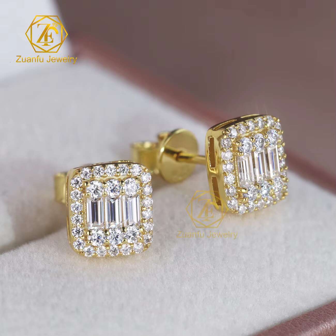 Online Store Hot Sale Warehouse Price 925 Sterling Silver VVS Baguette Moissanite Diamond Hiphop Push Back Stud Earrings