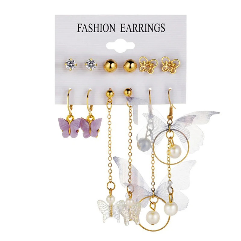 6 Pairs Korean Charm Gold Butterfly Stud Earrings Set For Women Girls Fashion Metal Long Tassel Chain Pierced Earrings Jewelry 250610