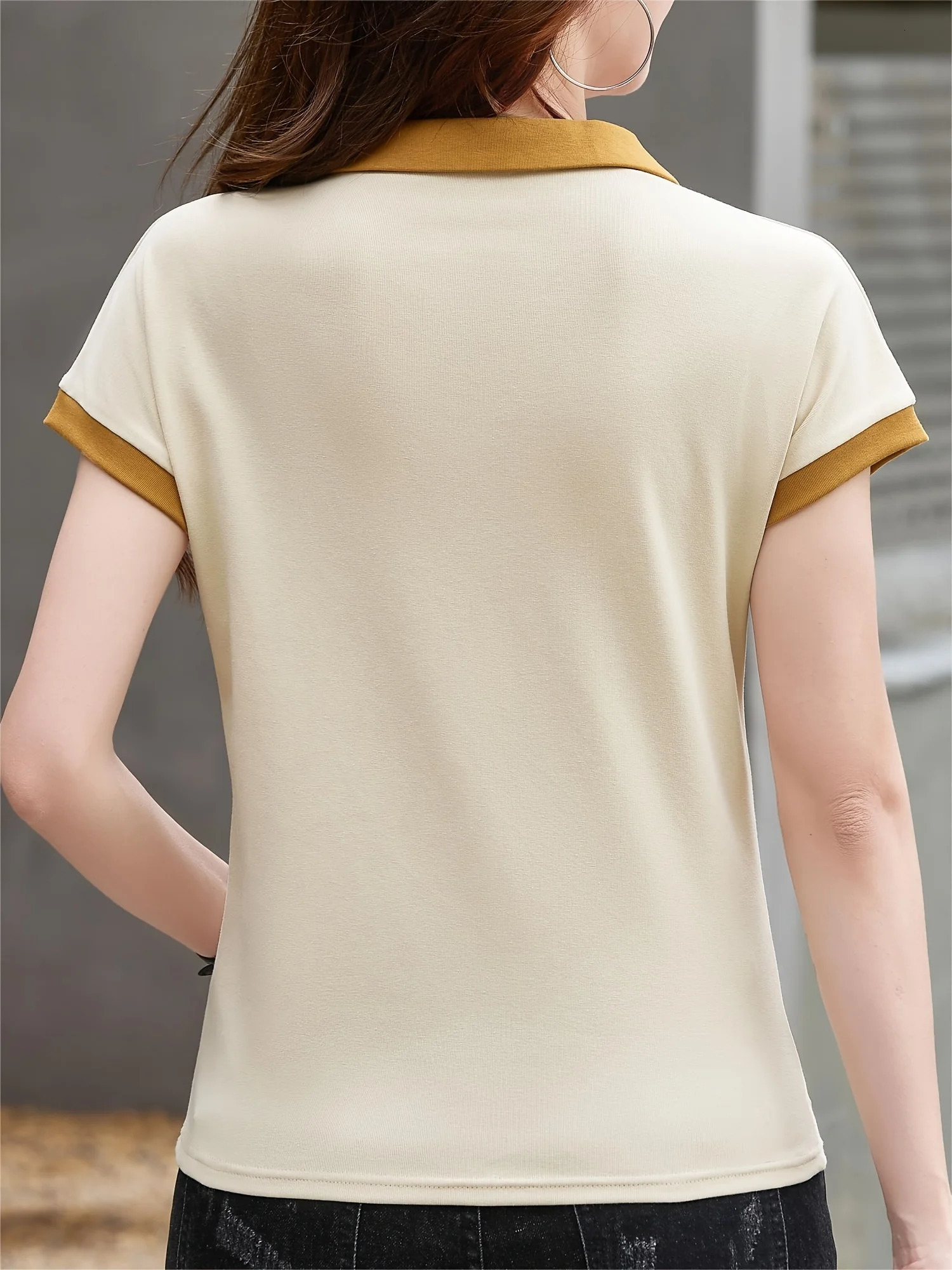 Womens solid color neckline contrast n summer short sleeve POLO shirt fashion breathable knit top can be machine washed 250609