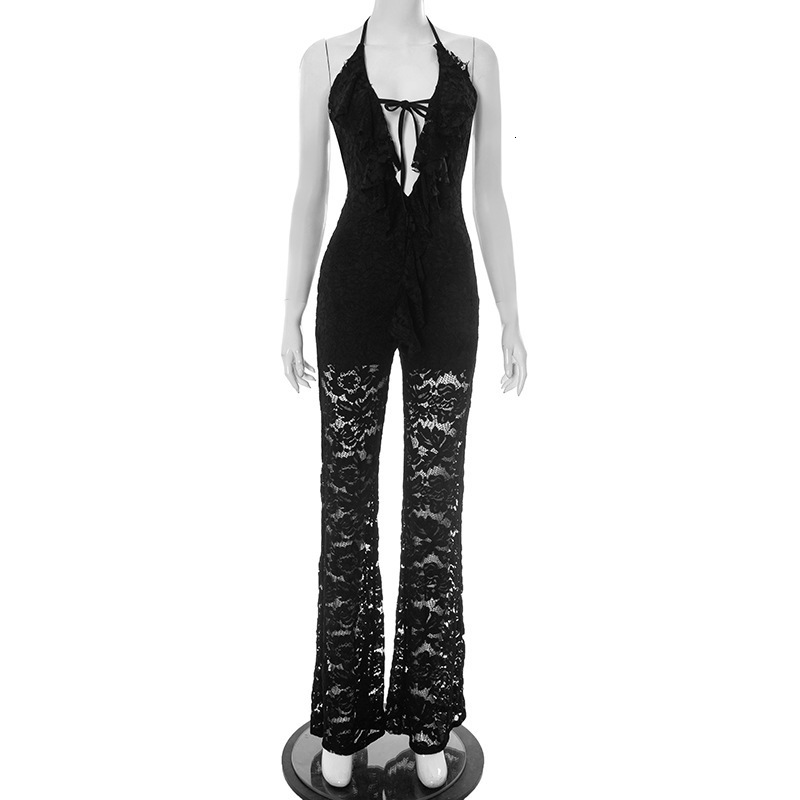 Women Fashion Elegant Casual Workwear Party Romper Overalls Female Sleeveless Halter Lace High Slit Jumpsuit 210716