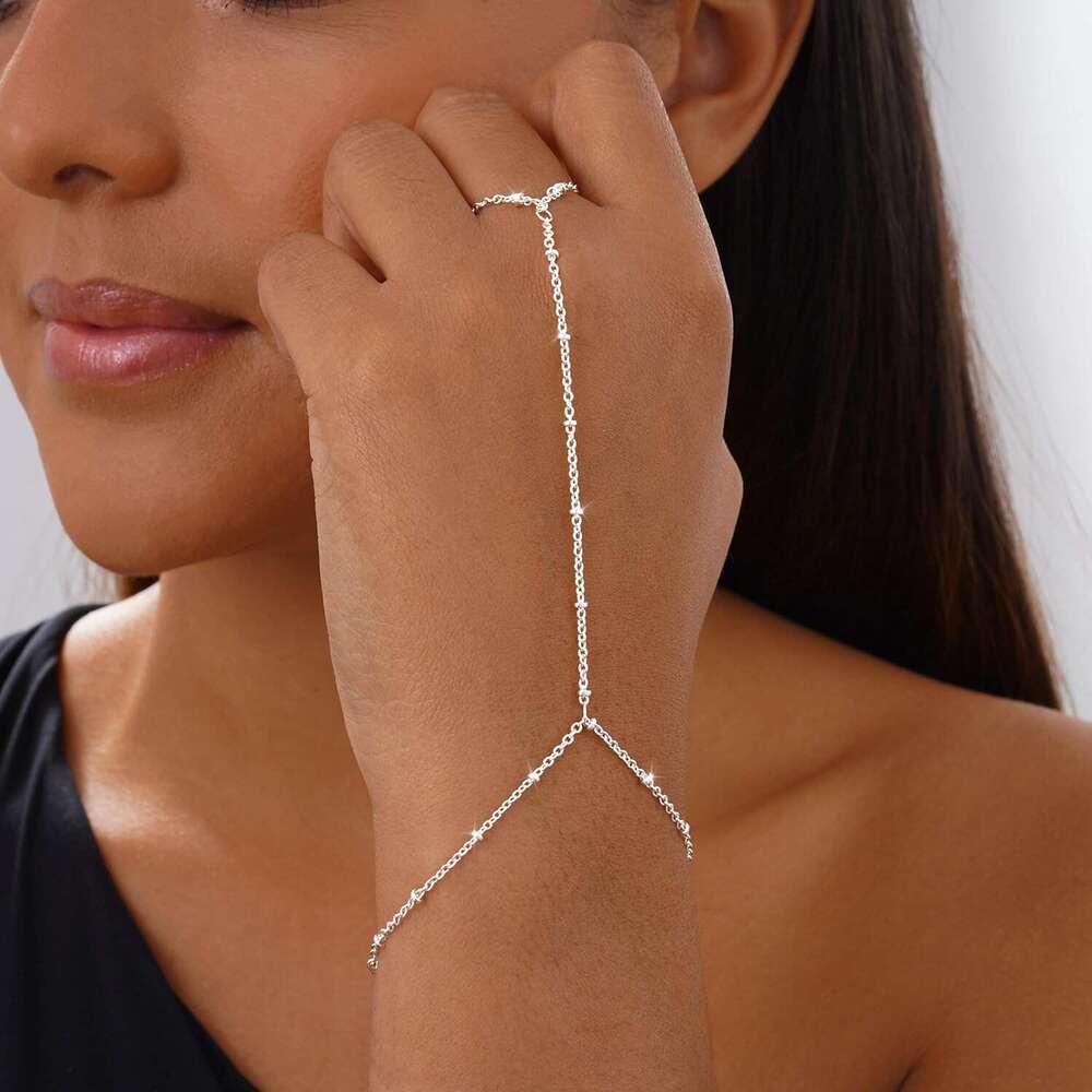 Women,Dainty 14K Gold/Sier Plated Finger Ring Chain Bracelet Cubic Zirconia Satellite Beads Hand Body Trendy Jewelry Waterproof Gifts for Her