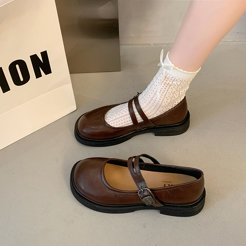 Ddmyoutdoor Round Toe Shallow Mouth Single Spring Autumn New British Style Small Leather For Women Korean Version Flat Mary Jane Shoes Outdoor Shoes