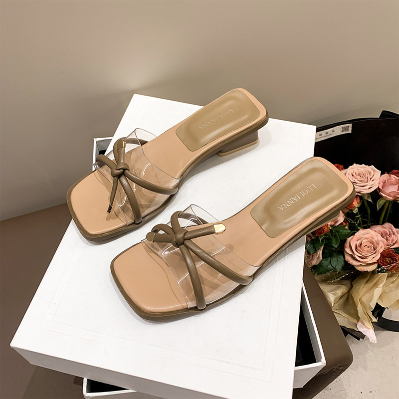 Ddmysports Transparent Sexy Outdoor Slippers Summer New Bowknot Fairy Style Chunky Heel Square Open Toe One Strap Sandals Outdoor Shoes