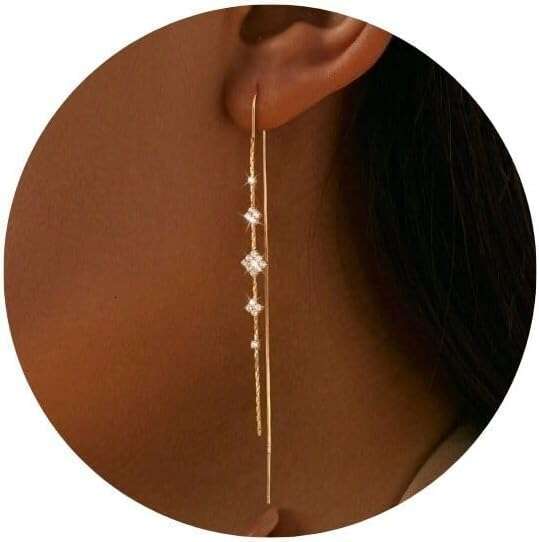 Gold Threader Women, 14K Dangle Long Drop Earrings Dangling, Dainty Elegant Dangly Ear Chain with Tassel and Cubic Zirconia for Wedding Hoco Trendy Je