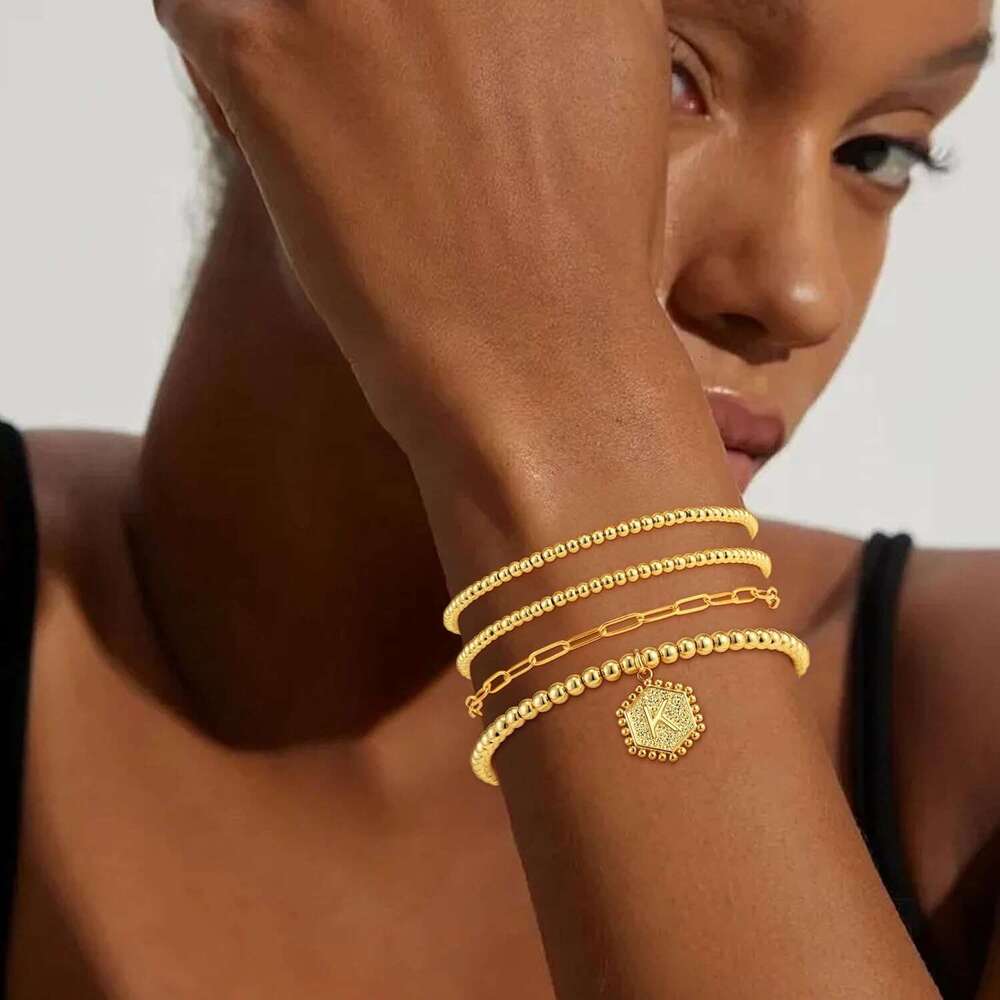 Good Girls - Gold Plated Hexagon Initial Bracelets Stackable Dainty A-Z Beaded Bracelet Letter Pendant Stretch Trendy Stack Jewelry Set for Women