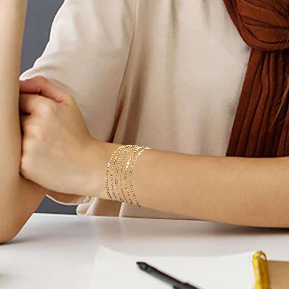 Exquisite Bracelet Set, Stackable 14k Genuine Gold Plated Jewelry Women's Fashion Accessories Glossy Gift Perfect Choice for Fashionable Women