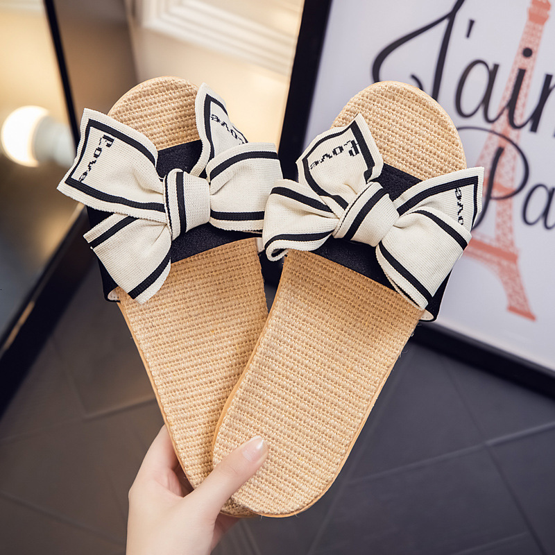 Summer New Butterfly Knot Linen Women's Slippers Soft Shoes Anti slip Lightweight Silent Designer Sandals Women's Shoes