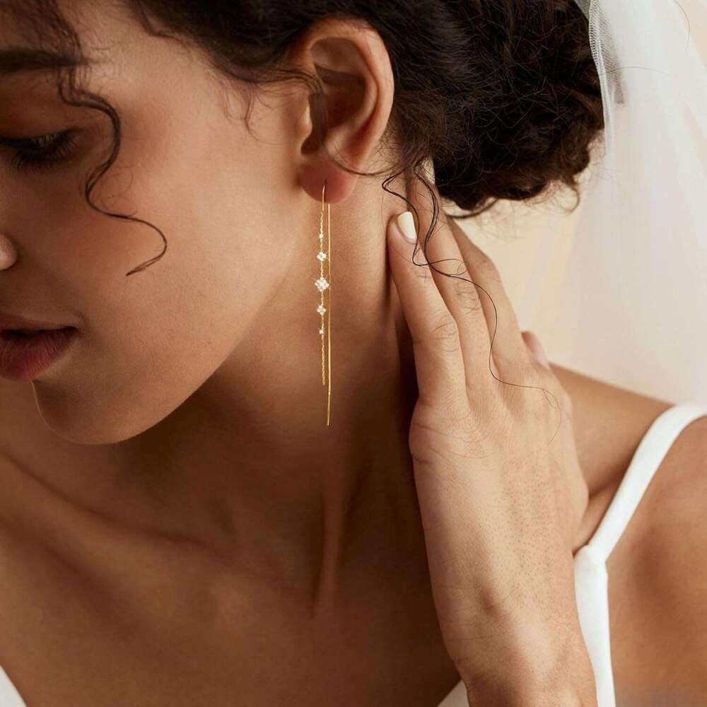 Gold Threader Women, 14K Dangle Long Drop Earrings Dangling, Dainty Elegant Dangly Ear Chain with Tassel and Cubic Zirconia for Wedding Hoco Trendy Je