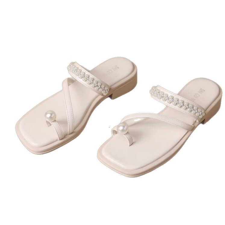 Ddmysports Pearl For Women Outdoor Summer New French Style Flat Sandals Fashion Versatile Toe Post Beach Half Slippers Outdoor Shoes
