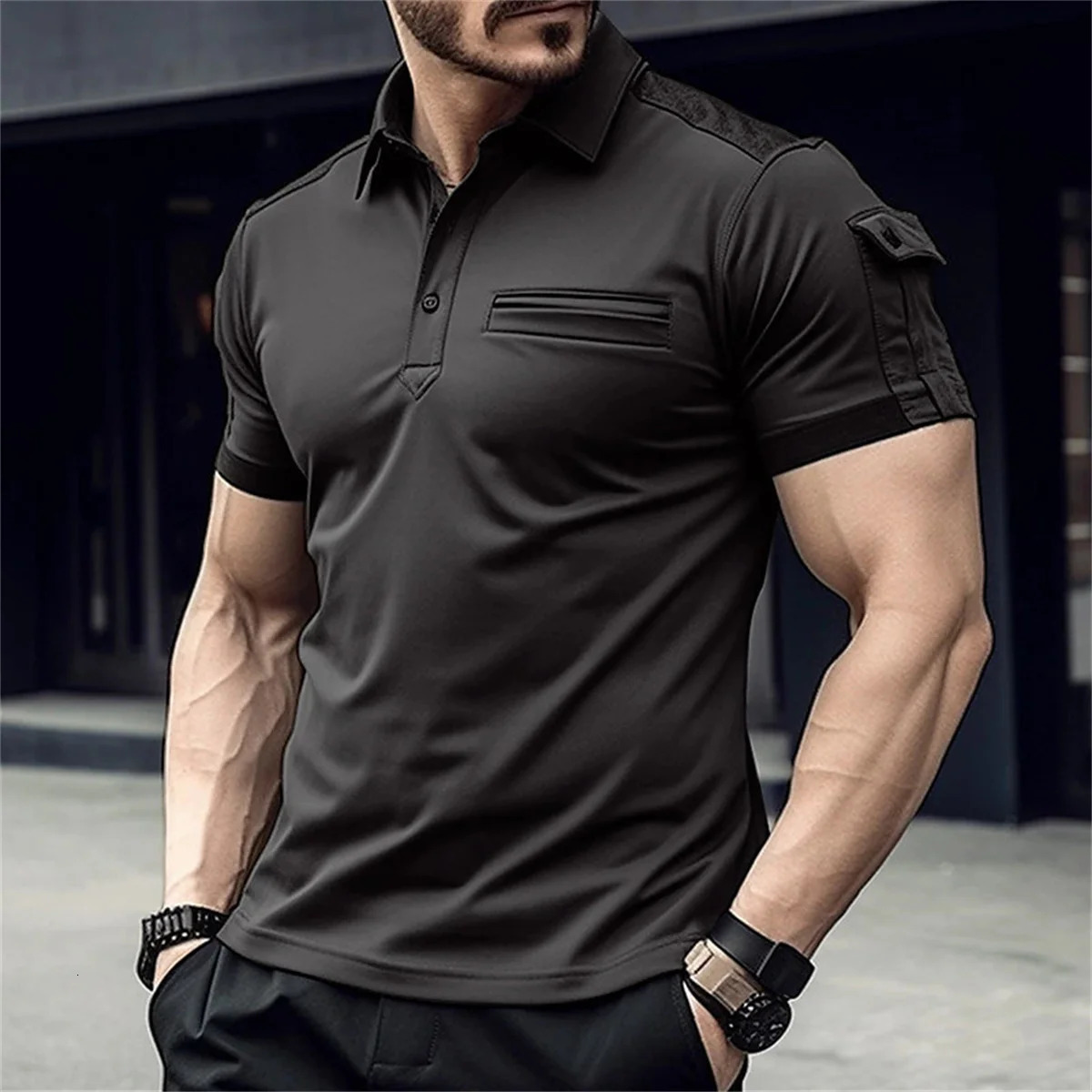 Mens Summer solid color Daily casual cargo Style Stitching Arm Pocket slim lapel short-Sleeved muscle Sports Polo shirt 250529