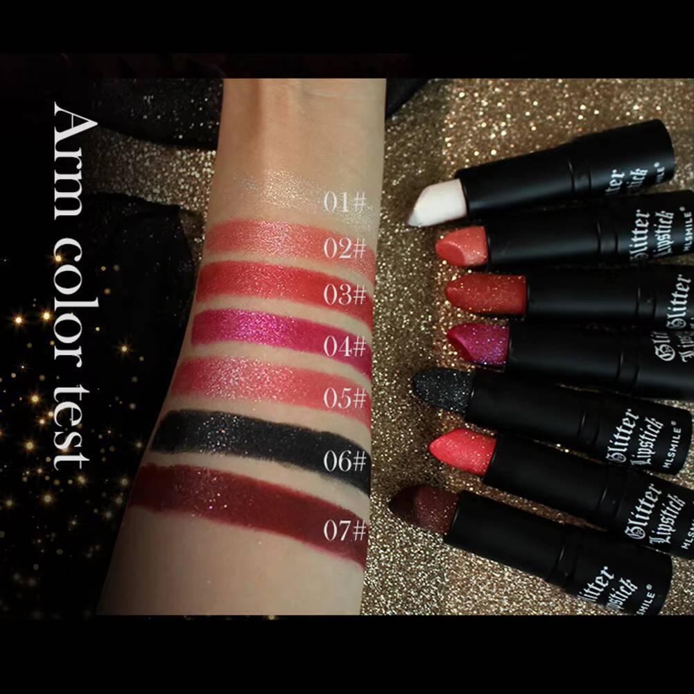 7Colors Glitter Waterproof Long Lasting Diamond Pearlescent Metallic Lipstick Black Lipgloss Women Lips Makeup Cosmetic happy