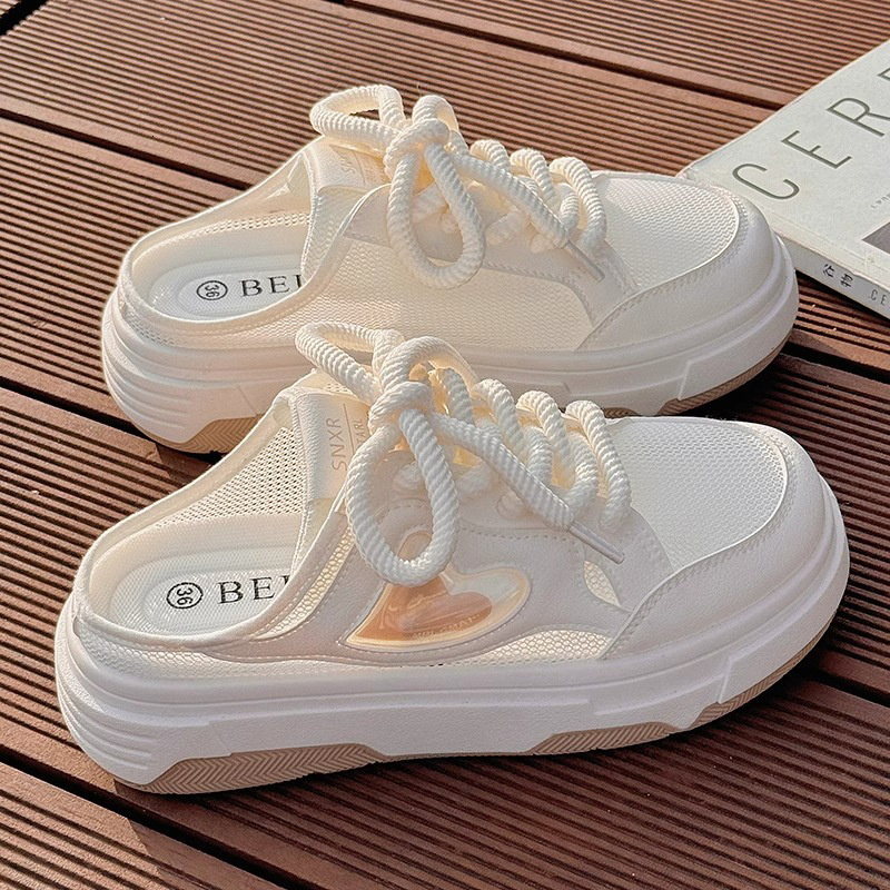 Ddmyoutdoor Summer Half Slippers For Women New Breathable Thin Mesh Thick Sole Casual Slip On Lazy White Shoes Outdoor Shoes